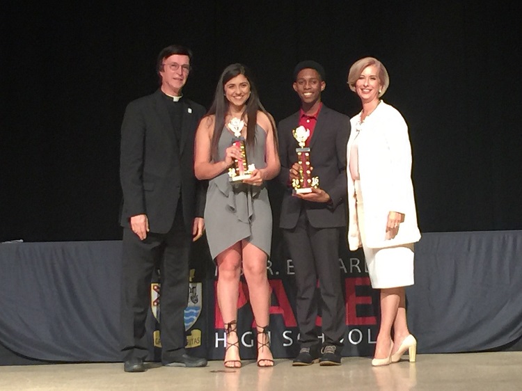 Msgr. Pace High seniors Sabrina Ortega and Daniel Labrousse receive the senior Spartan Pride awards from Pace President Father Paul Vuturo and Pace Principal Ana Garcia at the school's 2016 Academic Awards.