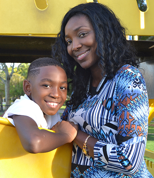 Jahleel Reynolds and his mother, Sasheena, at Mullins Park in Coral Springs. Camp Erin helped him cope with the death of his baby sister, he says.