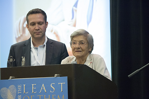 Birthe Lejeune, widow of Dr. Jerome Lejeune,  who discovered the extra chromosome that causes Down syndrome and fought for the right to life of those children, speaks to more than 500 participants at the 31st annual Respect Life State Conference, 