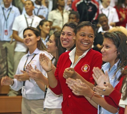 From left, Estefani Cruz-Alvarez, 16, Francesca Fernandez, 17, Yesenia Colon, 17, Quincie Barron, 17, and Stephanie Aguirre, 17, share a laugh after the 50th anniversary Mass.