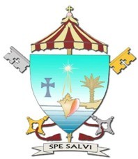 The coat of arms of the Minor Basilica of St. Mary Star of the Sea
is based on the coat of arms of the Archdiocese of Miami. The position of the sand indicates that this parish was the beginning of the Archdiocese of Miami and is at the end of it. The conch shell is the traditional symbol of Key West. The star above the conch is for the church’s patroness. Below the cross and above the ombrellino is a conch pearl.