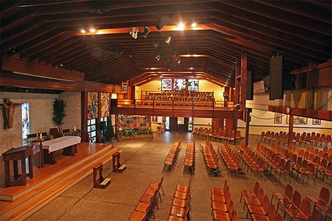 View of the interior of St. Maurice Church, a worship space that was converted from a stable.