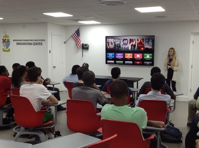 Olina Helga Sverrisdottir speaks to Pace students inside Msgr. Pace High School’s Innovation Center.