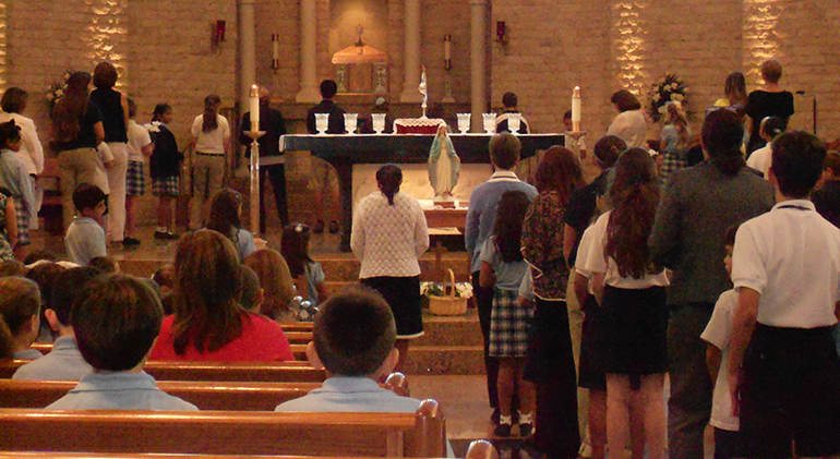 View of St. Bonaventure students and staff as they prayed the living rosary Oct. 23.