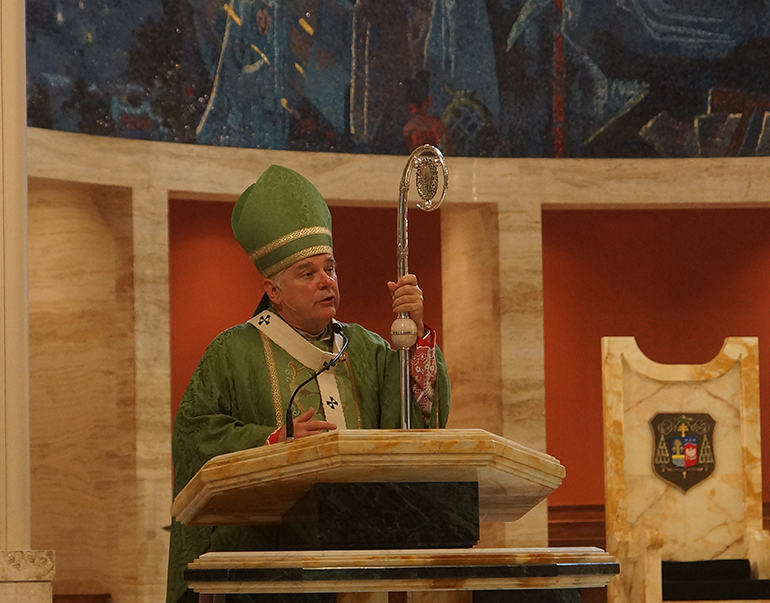 Archbishop Thomas Wenski preaches the homily at the Mass marking the first anniversary of the closing of the Second General Synod of the Archdiocese of Miami.