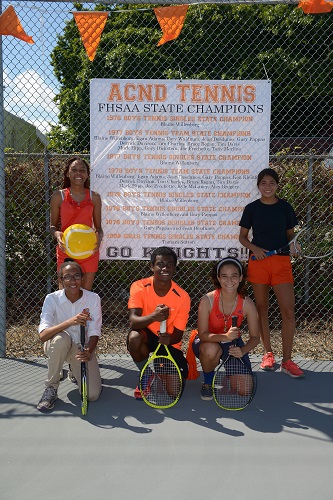 Students from Archbishop Curley Notre Dame Prep tennis team will start their season on renovated courts. The school plans to begin a community tennis program the summer of 2015. Pictured here, back row, from left: sophomore Janelle Forbes, senior Kaila Merrill; fron row, from left: junior Alexandra Laroche, senior Eddy Rochez, and junior Esperanza Cadena.