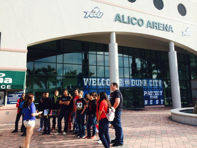 Msgr. Pace High School juniors and seniors listen to their tour guide at Florida Gulf Coast University.