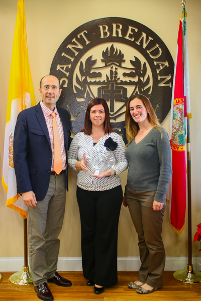 Left to right are St. Brendan High Principal Jose Rodelgo-Bueno, world languages teacher Paulina Steffanoni and Assistant Principal Barbara Acosta. Steffanoni was one of the recipients of this year's Cervantes Outstanding Educators Awards.