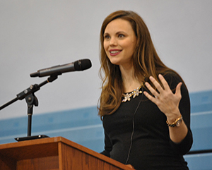 Former America's Top Model contestant Leah Darrow speaks to a gym-full of women at Archbishop Coleman Carroll High School in West Kendall, urging them to reject what the world deems beautiful and discover true beauty, the kind "you can't buy in a bottle."