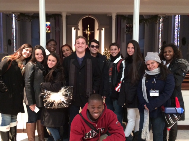 Msgr. Pace High students pose for a photo inside Holy Trinity Catholic Church near Georgetown University in Washington D.C.