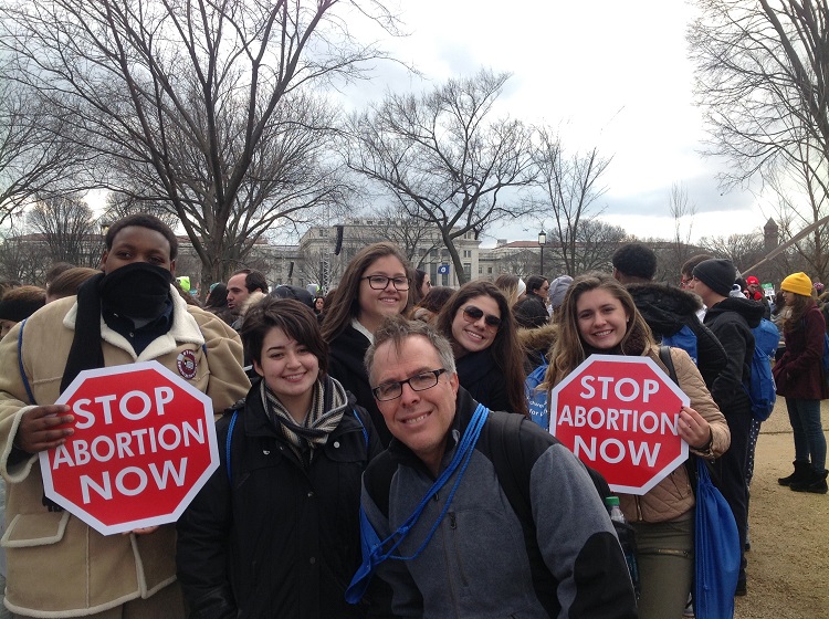 Pace High students (from left) Isaiah Danger, Natalie Verdiguel, Vanessa Valdes, Maryann Miguel, and Sophia Lopez, and Pace theology teacher Nelson Bonet (front center) joined hundreds of thousands of others at the 2015 March for Life on Jan. 22 in Washington D.C.