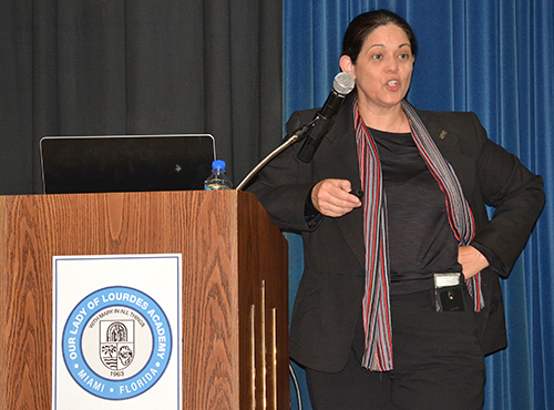 Lourdes Academy alumna Dr. Aileen Marty speaks to students interested in medical careers at her alma mater.