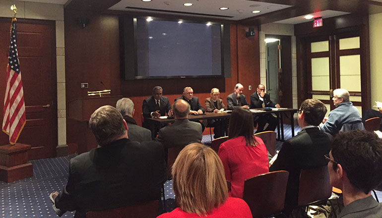 Religious leaders, including Archbishop Thomas Wenski, hold a panel discussion on climate change and religion on Capitol Hill. The panelists are, from left: Aside from Archbishop Wenski, who represented the U.S. Conference of Catholic Bishops, other panelists were: Emilio Marrero (Esperanza); Archbishop Wenski; moderator Rev. Dr. Susan Henry-Crowe (United Methodist Church); Rabbi Fred Dobb (Coalition on the Environment and Jewish Life); and Rev. Dr. Carroll Baltimore (Progressive National Baptist Church).