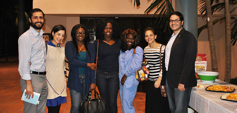 Young adult and youth leaders from Juventutem, Notre Dame D'Haiti, and New Jerusalem Community meet and mingle at the Lenten reflection. From left to right: Josue and Vida Hernandez, Rose Seraphin, Sandy Hyacinthe, Judith Dorlean, Andrea Morales and Aramis L. Perez.