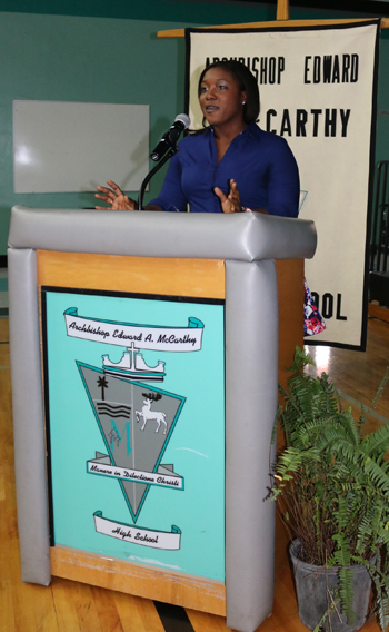 Guest speaker and Archbishop McCarthy High alumnus Mahogani Jones, director of New Business Development and Marketing Activations at RockOrange, spoke to students and their families at the Archbishop Edward McCarthy High School inaugural Excelsior Scholars Awards.