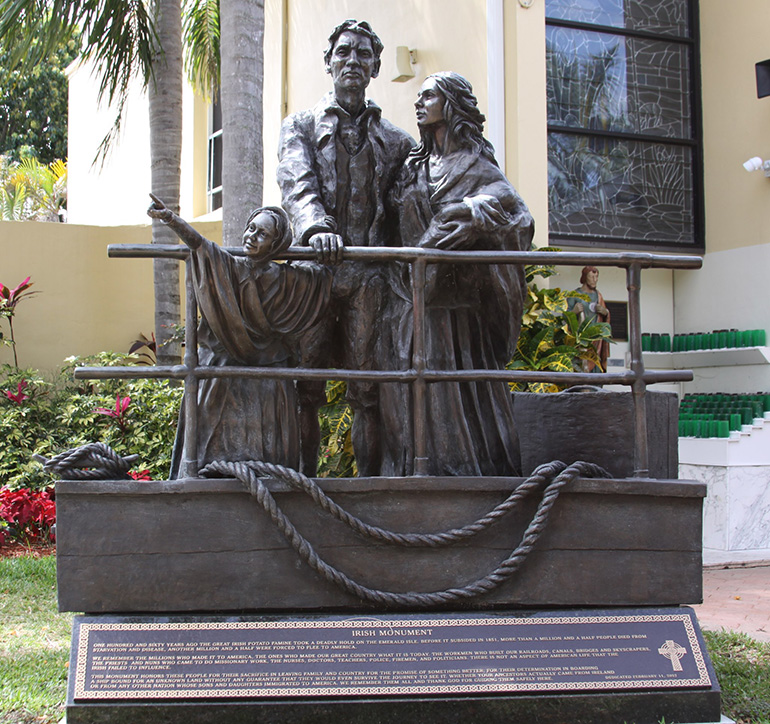 This statue in honor of Irish immigrants to south Florida is erected on the grounds of Nativity Parish in Hollywood.