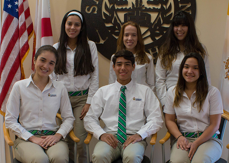Six of St. Brendan's nine 2015 Silver Knight nominees are pictured here. Standing, from left: Isabella Ramirez, Toni Marie Gonzalez-Riano and Giselle Gonzalez; sitting, from left: Lucia Alvarez, Mauro Braca, and Jessica Hernandez.