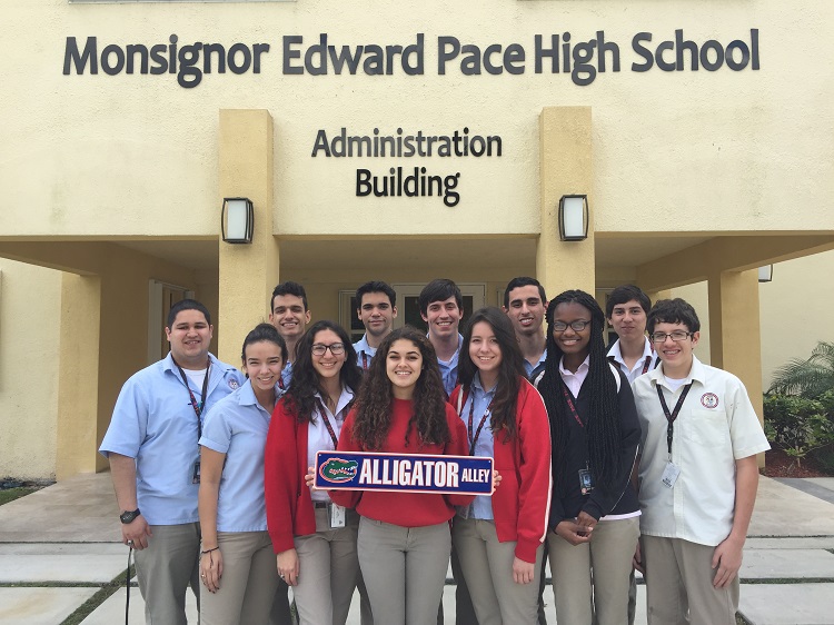 These are the 12 students from Msgr. Edward Pace High School have been accepted into the University of Florida. Pictured here, front row, from left: Courtney Diaz, Elexa Suarez, Juana Diaz, Kirstie Vargas, Suzarah Dorleus, and Matthew Arrojas. Back row, from left: Gabriel Sanchez, Steven Yildirim, Daniel A. Gonazlez, Christian B. Roig, Adam Ruiz, and Eduardo Kuffo.