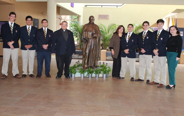 Belen's 2015 Silver Knight nominees are pictured here with school officials; from left: Julian Esain; Carlos Jimenez; Eric Calero; Jesuit Father Pedro Suarez, school president; Maria Cristina Reyes-Garcia, school principal; Rafael Cariello; Alex Vidal; Andres Hidalgo; and Milagros Zequeira, Silver Knight program coordinator. Not pictured: General Scholarship nominee Ernest Barral.