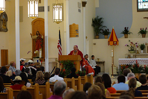 Auxiliary Bishop Peter Baldacchino delivers his homily during the Red Mass at the Basilica of St. Mary Star of the Sea.