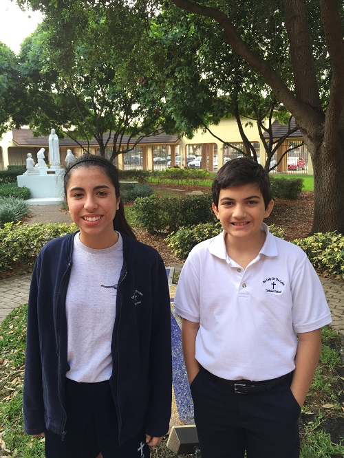 Karina Sarandrea, grade eight, and Rafael de la Cova, grade five, represented Our Lady of the Lakes School at the 75th annual Miami Herald Spelling Bee. Rafael placed among the top 25, making it past the first round.