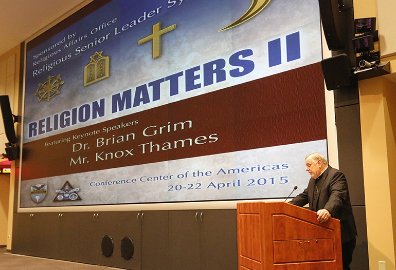 Archbishop Thomas Wenski speaks about religious freedom at the Religion Matters II conference at the Doral headquarters of the U.S. Southern Command.