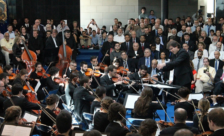 The Neocatechumenal Way orchestra performs "The Suffering of Innocents," a work by Neocatechumenal Way co-founder Kiko Arguello that touched the hearts of Jewish listeners as a tribute to Holocaust victims.