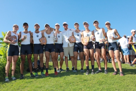 Belen Crew pose with the trophies they won in the United States Scholastic Rowing Association of America's national championships in Cooper River, N.J.