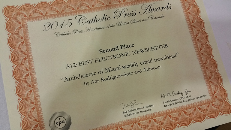 Certificate from the Catholic Press Association announcing the award won by the Archdiocese of Miami's electronic newsletter, which is emailed free to subscribers every Wednesday.