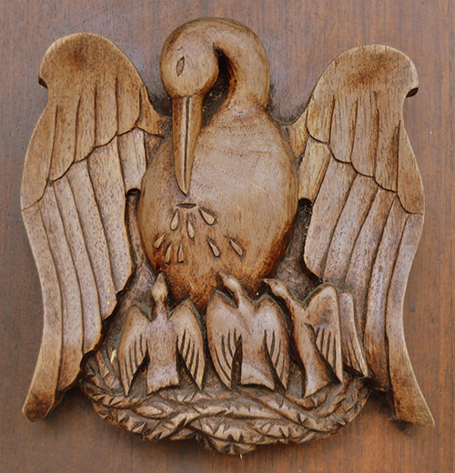 The pelican is a major symbol for the Servants of the Pierced Hearts of Jesus and Mary because of a belief that a mother pelican will pluck her own breast in order to feed her children.