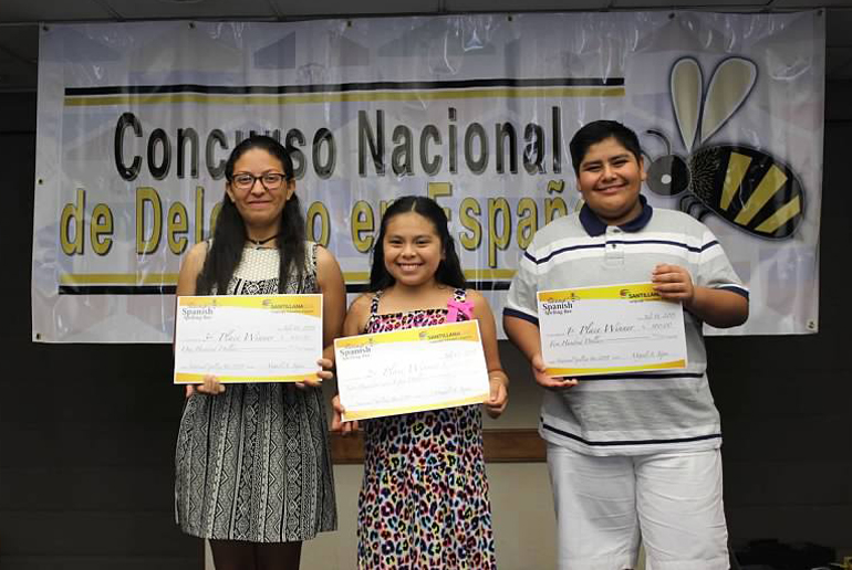 Ashley Zelaya (left), a graduate of Sts. Peter and Paul School, poses with her competitors Kiara Rivas-Vasquez and Andres Arreola. The students are the top three spellers in the National Spanish Spelling Bee.