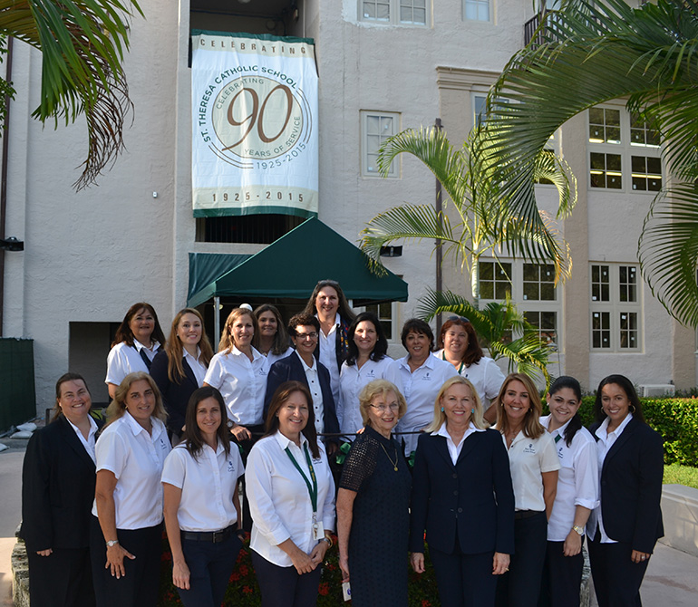 Of St. Theresa's 80 teachers, 25 percent are alumni, including, from left, back row: Cristi Escarra, Class of '78, Gloria Marti, Class of '74; middle row: Carmen Matamoros Sanchez, Class of '76, Cristina Guanche Martinez, Class of '84, Mercy Ballina-Sori, Class of '84, Mercy Rodriquez-Bringos, Class of '75, Rose Marie De La Rosa Fernandez, Class of '79, Patty Garcia-Montes Bechamps, Class of '74, and Beatriz Santana Dulzaides, Class of '85; front row: Cristina Lopez-Hernandez, Class of '82, Lucy Villaronga, Class of '82, Ana Sierra, Class of '82, Teresa Ambros-Mena, Class of '76, Louise Fitzgibbon Bennett, Class of '46, Janus Greer, Class of '69, Fila Martinez, Class of '84, Deana Gonzalez, Class of '07, and Marietta Larrauri, Class of '91.