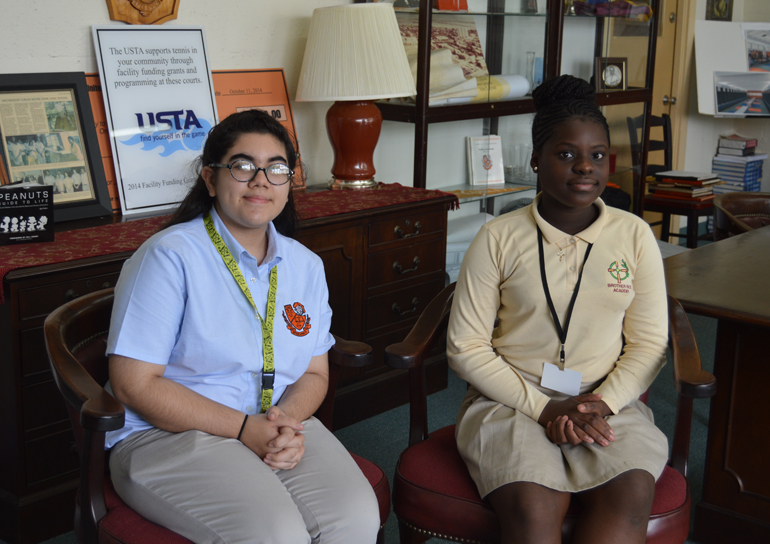 Archbishop Curley Notre Dame ninth grader Deanna Ordaz (left) and seventh grader Seniyah Antoine (right) are the 2015 recipients of the Msgr. Vincent Scholarship and Archbishop Favalora High School Scholarship, respectively.