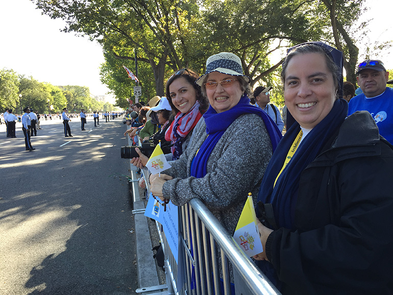 Who says Miamians can't withstand a little cold for the pope? We arrived at the fences of the Ellipse at about 5 a.m. for a great view of the papal parade. At the moment this photo was taken with Sister Iliana Aponte (right) and Judith Padron (center), my hands were a little numb from the cold, but from my smile, you could hardly tell. We stood at this spot for about six hours, and it was the closest we got to see Pope Francis.