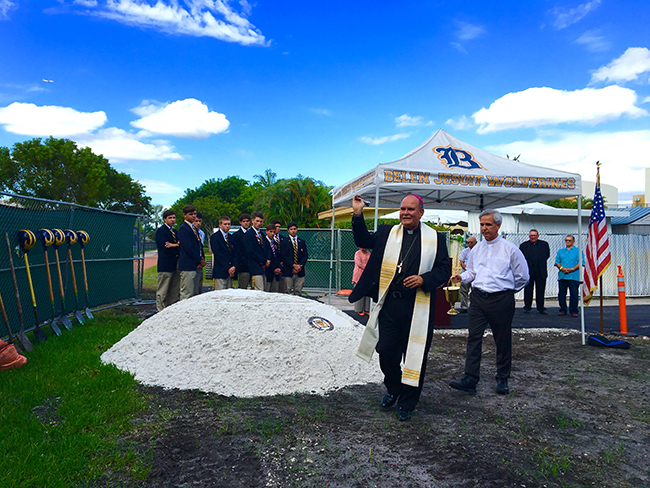 Bishop Fernando Isern and Jesuit Provincial Father Javier Vidal bless the construction grounds at Belen Jesuit.