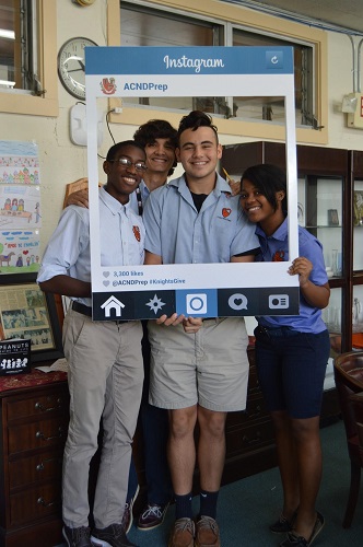 Through social media sharing, ACND Prep students helped spread the word about Give Miami Day to help raise funds for the school’s Individual iPad Learning Program. From left: Hedwyn Lamy, Enrique Diaz, Jordi Herrera and Amanda Lesperance.