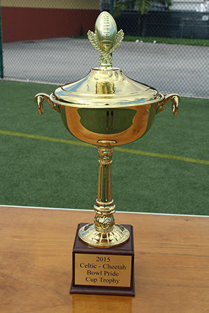 To the victor go the spoils: The Celtic-Cheetah Bowl flag football game trophy cup was on display during the game.