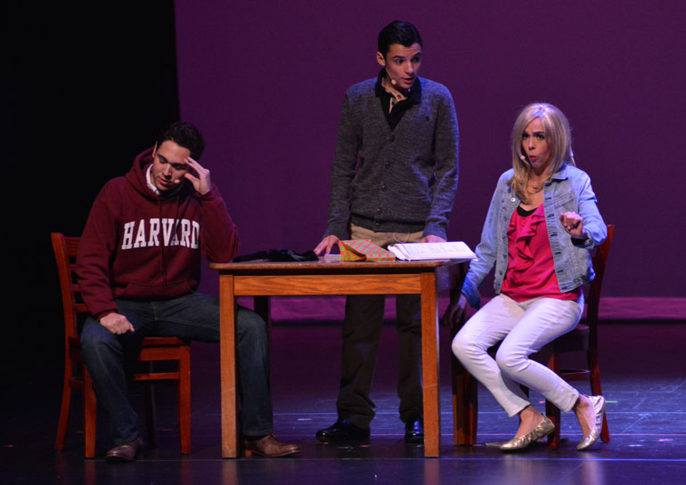 Who says blondes can't pull off beauty and brains? St. Brendan High student Bianca Hernandez (right), as Elle Woods, challenges the stereotype in a musical rendition of the comedy "Legally Blonde," along with fellow students Emilio Alvarez (left) and Sebastian Onoz (center).