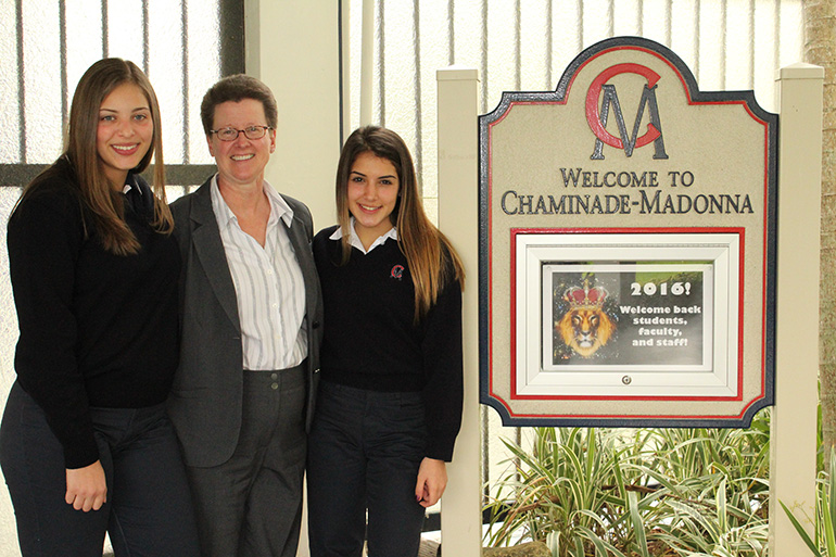 Bella's Kinship Group creators Isabella (left) and Gabriella (right) Glazer pose with Chaminade-Madonna College Preparatory President Judith Mucheck. Bella's Group was recognized by the Congressional Coalition on Adoption Institute as one of the 2015 Angels in Adoption. The non-profit serves as a support and social group for children being raised by their grandparents or other familial guardian.