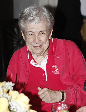 Franciscan Sister Janet Rieden, 82, laughs during her retirement and farewell luncheon. She began teaching English at Cardinal Gibbons High School in 1963 and continued to teach art history until a couple of weeks before her move to Our Lady of Angels Village in Joliet, Illinois.