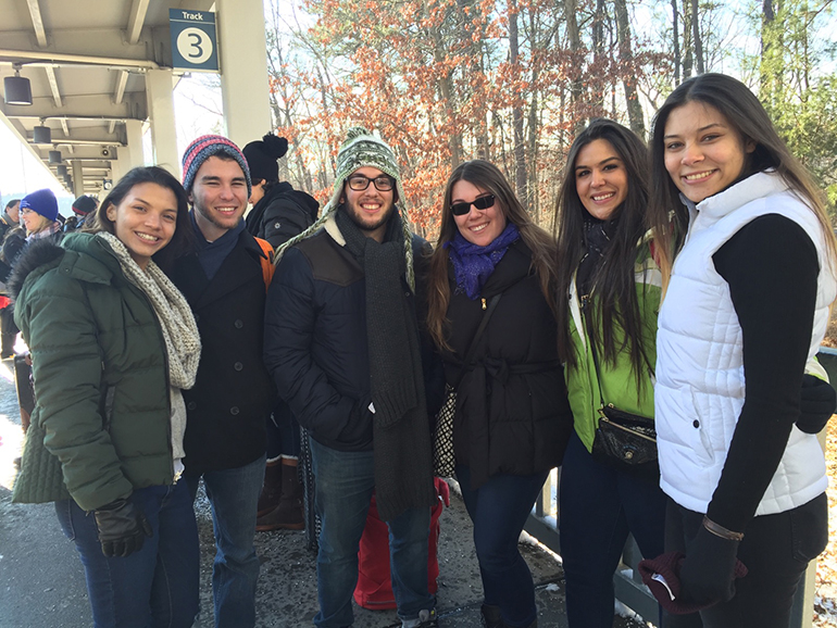 Nina Ortiz, Carlos San Jose, Christopher Caballero, Brittani Garcia, Christina Lujan and Katie Konza pose for a photo Jan. 21 before embarking on a self-guided tour of museums in Washington, D.C. The young adults from Immaculate Conception's Ablaze group were part of a group of 30 who traveled with the Office of Youth and Young Adult Ministry. They visited the National Archives of the United States and the Smithsonian Air and Space Museums.