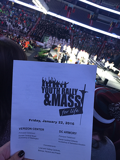 Before joining the March for Life Jan. 22, a group of 30 youths and young adults from the Archdiocese of Miami took part in the Youth Rally and Mass for Life at the Verizon Center in Washington, D.C. "The pope's representative was at this youth rally/Mass and we got a message from the pope!" said Brittani Garcia, a member of Immaculate Conception's Ablaze young adult group.
