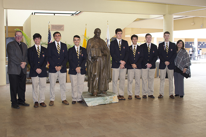 Silver Knight nominees pose with Jesuit Father Guillermo Garcia-Tu&ntilde;on, far left, Belen's president, and Maria Cristina Reyes-Garcia, far right, principal; from left: Michael Cairo, Speech; Alexander Alepuz, Mathematics; Jonathan Garcia, Journalism; Daniel Romeu, English and Literature; Rodrigo Bustamante, World Languages; Andres Marquez, General Scholarship; and Daniel Brennan, Athletics.