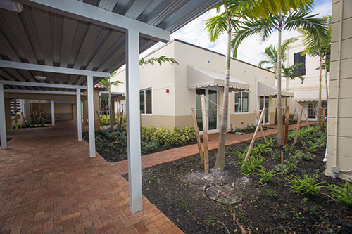 A view of the new administration building and covered walkway at St. Anthony School.