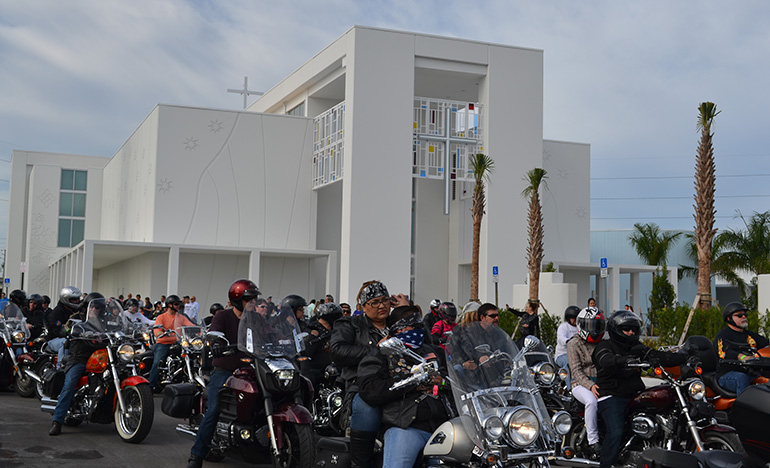 Motorcyclists set out from Our Lady of Guadalupe Church grounds on the 2016 Archbishop's Motorcycle Ride.