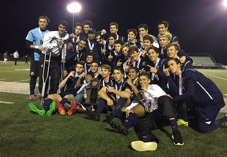 After their 5-2 win versus Gulf Coast in Melbourne, Feb. 12, the Belen Jesuit Prep soccer team celebrate their victory.