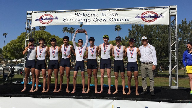 From left, Belen Jesuit's Crew: Ben Gilbert, Nicolas Waterhouse, Jonathan Menendez, Christian Burke, Fernando Pinera, David Gonzalez, Conor Meagher, Daniel Brennan, Carlos Marin, and Coach Yunian Cabrera.