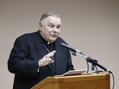 Archbishop Thomas Wenski speaks about The Joy of Love (Amoris Laetitia) at a press conference in the Pastoral Center April 8.