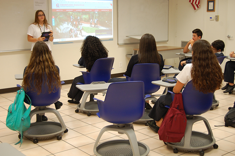 Emily Holcombe reads her winning ZipOde to classmates at Chaminade-Madonna College Preparatory in Hollywood.