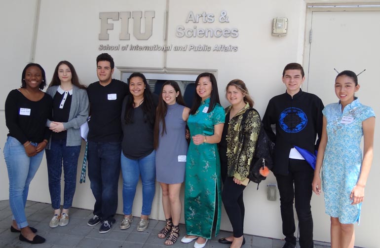 These Sabres know their Mandarin: Standing left to right are Florianne Jaques, Elena Bermudez, David Perez, Alexandra Romero, Lourdes Saravia, Lianne Fernandez-Fraga, Amberly Mesa, Francisco Santana and Stephanie Cantor, who competed at the ninth annual FIU Chinese Speech and Skit Competition.